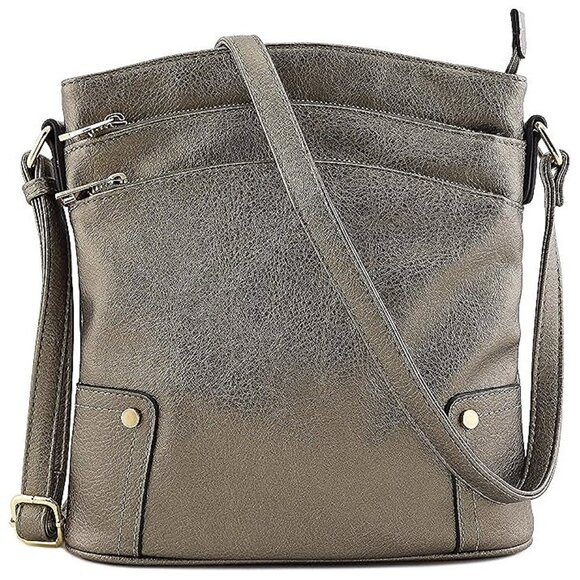 Triple Zip Pocket Large Crossbody Bag Pewter (Metallic) - Picture 1 of 7